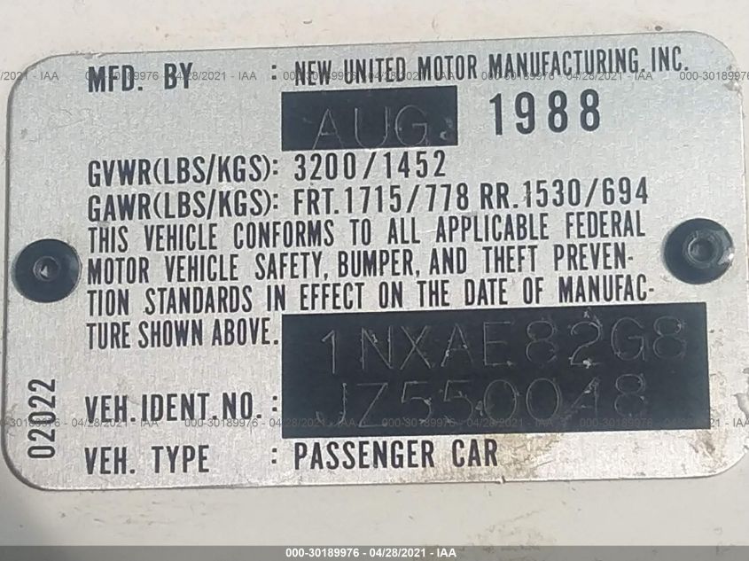 VIN: 1NXAE82G8JZ550048 | TOYOTA COROLLA 1988 FX White 1.6L I4 CRB