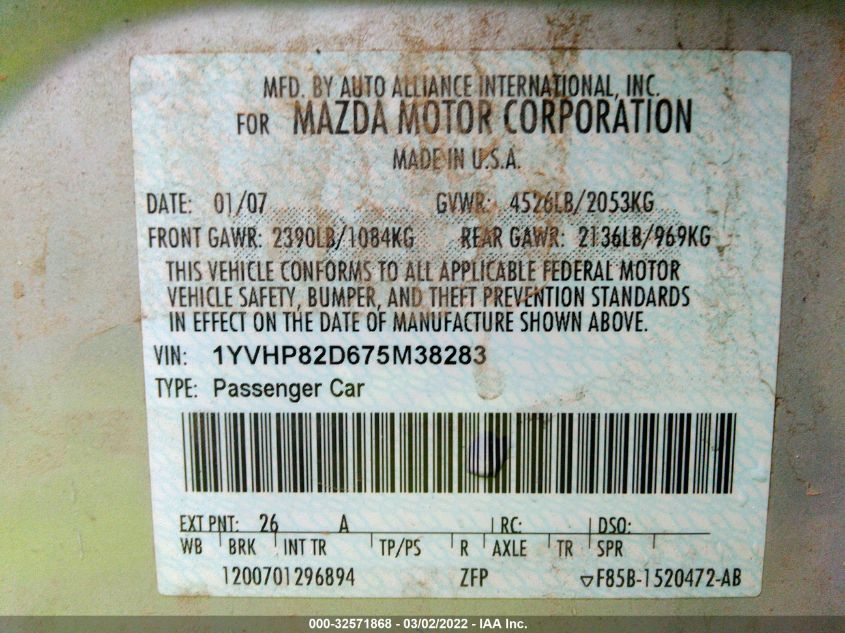 VIN: 1YVHP82D675M38283 | MAZDA MAZDA6 2007 S SPORT VE Silver 3.0L