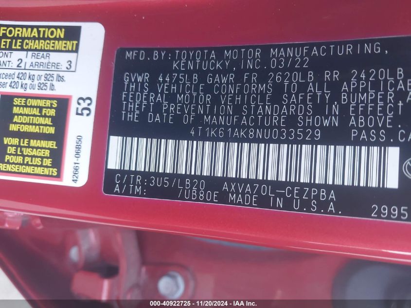 VIN: 4T1K61AK8NU033529 | TOYOTA CAMRY 2022 XSE Red 2.5L I-4 DI