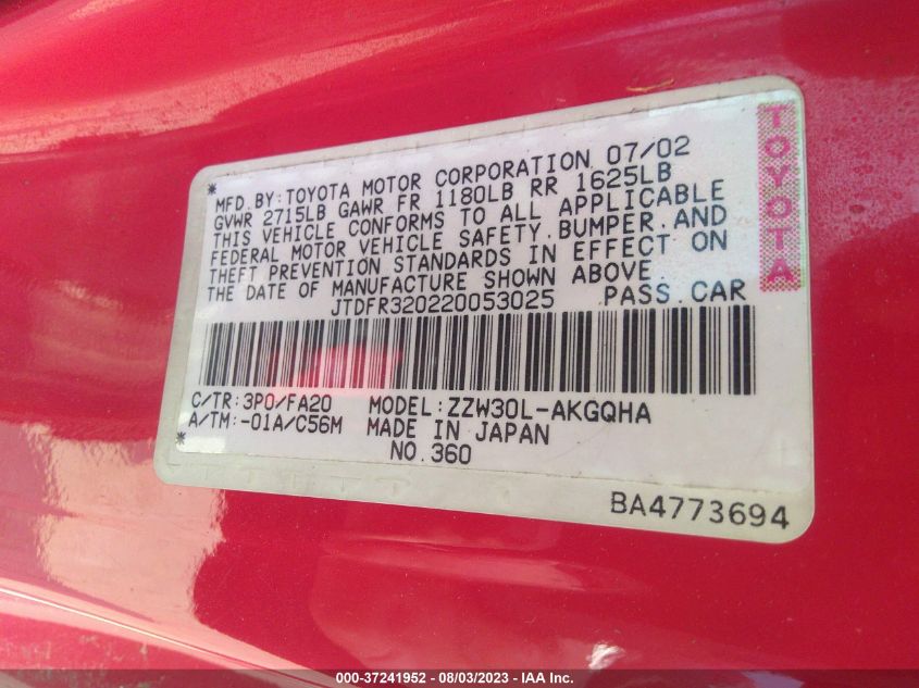 VIN: JTDFR320220053025 | TOYOTA MR2 SPYDER 2002 car history - Stat.vin