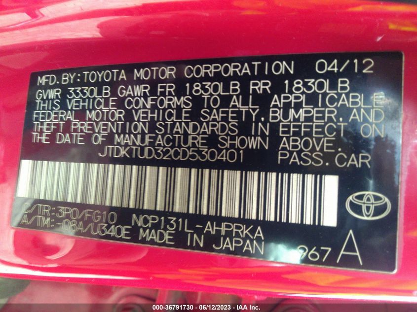 VIN: JTDKTUD32CD530401 | TOYOTA YARIS 2012 car history - Stat.vin