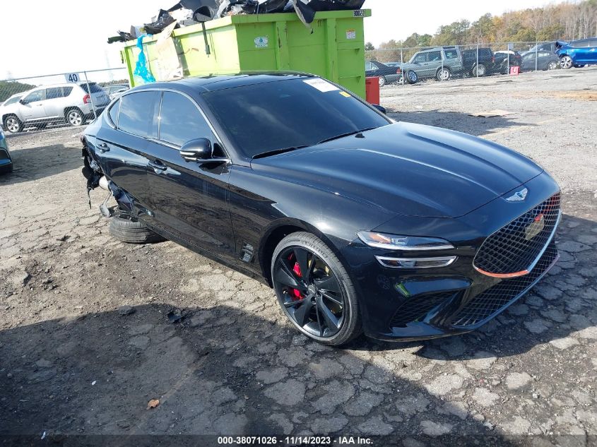 Black Genesis G70 2022 3.3T AWD with twin-turbo engine presence and premium stance
